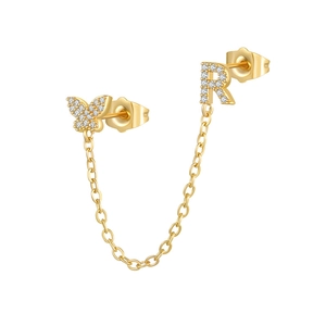 Detail view of gold butterfly chain earring with zircon R letter and double ear piercing