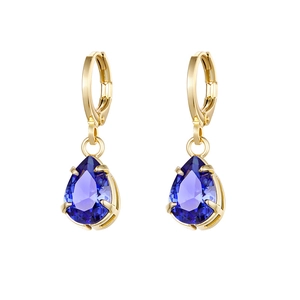 Elegant gold drop earrings with pear-cut deep blue gemstones and secure leverback