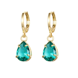 Elegant gold drop earrings featuring pear-cut green emerald gemstones in a retro style