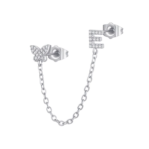 Detailed view of silver chain earrings with zircon butterfly and letter E studs