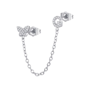 Detailed view of silver chain stud earrings with zircon butterfly and letter G charm
