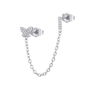 Close-up of zircon butterfly ear stud with a chain link connector in polished silver