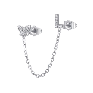 Detailed view of silver zircon butterfly and letter L studs connected by a fine link chain