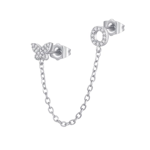 Close-up of zircon butterfly ear bone chain with silver finish and pavé stone setting