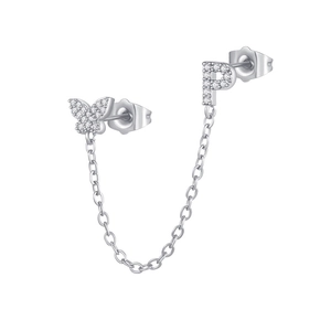 Detail of zircon butterfly and letter P double ear piercing chain stud earrings