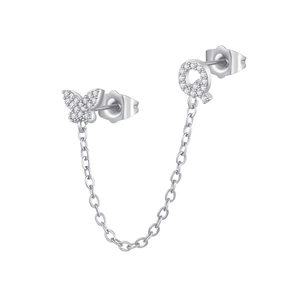 Detailed macro view of S925 silver double earring with zircon butterfly and letter Q
