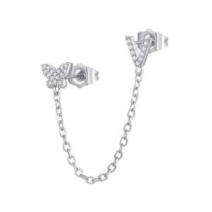 Detailed view of silver zircon butterfly and letter V linked stud earrings with chain