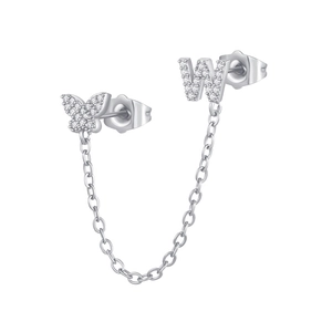 Close-up of zircon butterfly and letter W linked stud earrings in polished silver finish