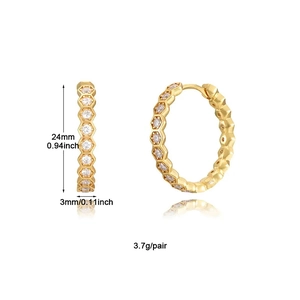 Golden hexagonal honeycomb hoop earrings with zircon stones and 24mm outer diameter