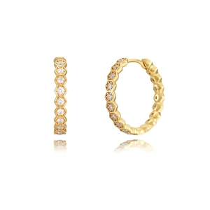 Luxury gold honeycomb hoop earrings set with sparkling zircon stones on a white background