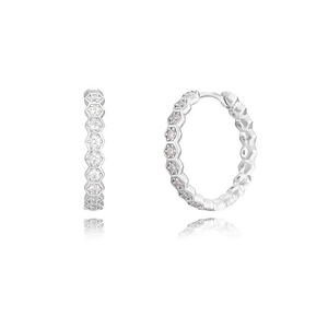 Luxury silver honeycomb hoop earrings with white zircon stones on a white background