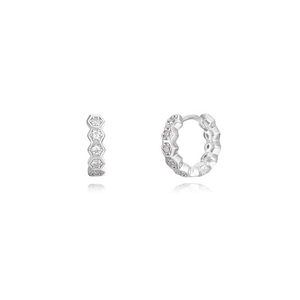 Minimalist silver hoop earrings featuring a honeycomb design with clear zircon stones