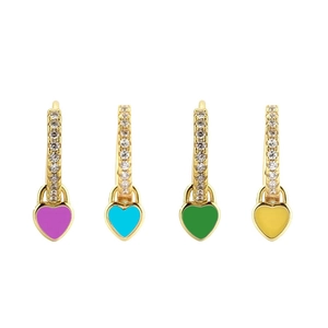 Gold-plated heart drop earrings set with colorful zircon stones in four vibrant colors