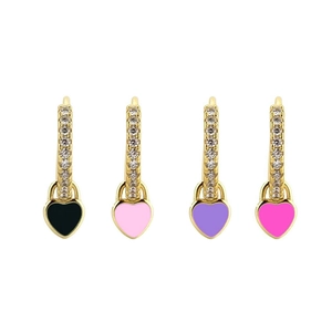 Hoop earrings with heart-shaped enamel charms and white zircons in four vibrant colors