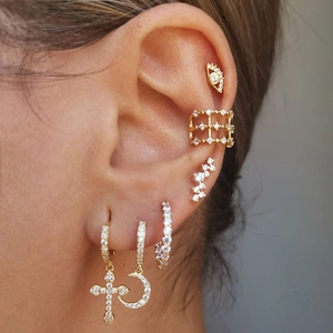 Boucles d'Oreilles de Luxe en Laiton avec Zirconia AAA Or Argent Plaqué Géométriques Créoles Set Mauvais Œil Croix Bijoux Femme