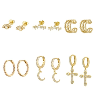 Luxe ensemble de 6 paires de boucles d'oreilles dorées avec zircons étincelants