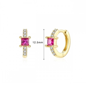 Luxurious gold-plated huggie earrings with pink square zircon and 12.5mm outer diameter