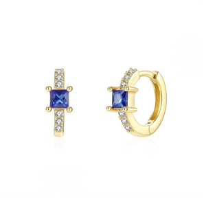 Luxury 18K gold hoop earrings with square blue zircon and pavé white stones