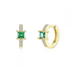 Close-up of gold hoop earrings with square green zircon and white crystal accents