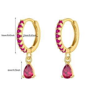 Gold fuchsia zircon hoop earrings with drop pendant measuring 16mm height and 12mm inner diameter