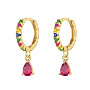 Luxurious gold drop earrings with multicolored zircons and a pear-cut rose red gemstone