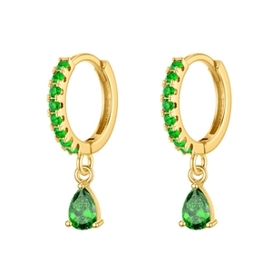 Luxurious gold hoop earrings with small green stones and a pear-shaped emerald drop