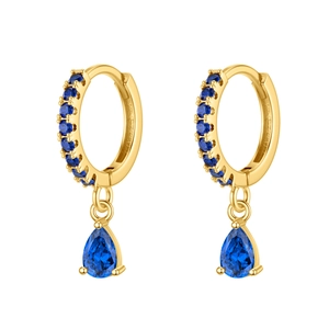 Elegant gold drop earrings with pear-cut deep blue gemstones and pavé-set crystals