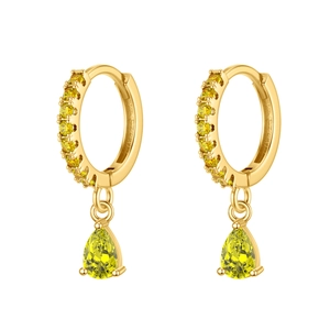 Detail of gold hoop earrings featuring yellow pear-cut gemstone drops and zircon stones