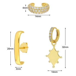 Detailed view of luxury gold zircon earring set with precise size measurements in mm