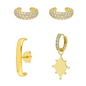 Luxury gold-plated earring set with cubic zirconia featuring C-hoops and geometric charms