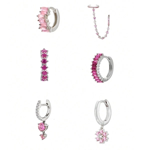 Luxe verzilverde oorbellen set met roze zirkonia in diverse bloem- en druppelontwerpen