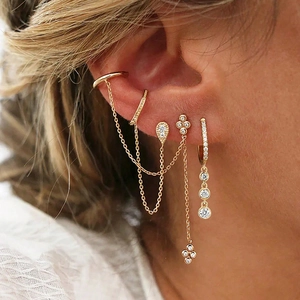 Mode Messing Zirconia Ketting Kwastje Oorbellen Set 24K Verguld Oormanchet En Oorknopjes Gepersonaliseerde Sieraden Vrouwen