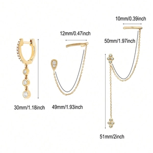 Vergulde ketting kwastje oorbellen set met zirkonia diamanten en ear cuff details