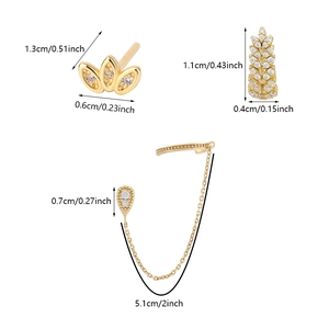 Golden 24K gold-plated wheat ear studs set with white zircon stones and long chain cuff