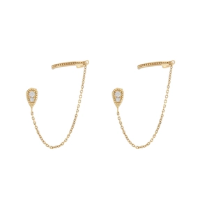 24K gold plated wheat ear chain stud earrings with white zircon and ear cuff design