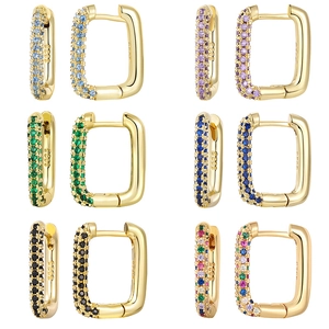 S925 sterling silver rectangular micro-inlaid earrings set with colorful gemstones