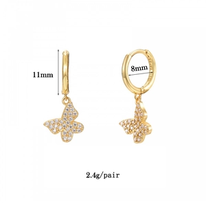 Boucles d'oreilles créoles papillon dorées avec cristaux de zircone cubique, 11mm