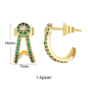 Elegante goldene Earcuffs mit grünen Zirkonia-Sonnenblumen, mehrlagig, 14mm hoch