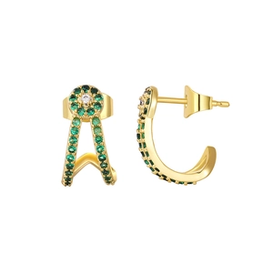 Elegante mehrlagige Gold-Ohrklemmen mit grünen Zirkonia und Blumenstecker-Details