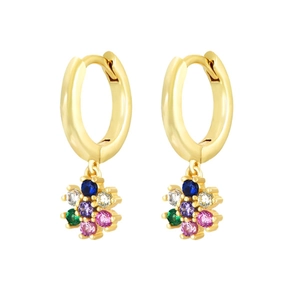 Pendientes de aro dorados con colgantes de flores en circonitas de colores y acabado pulido