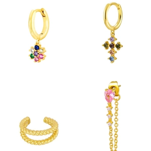 Set de pendientes chapados en oro con circonitas de colores y borlas para mujer