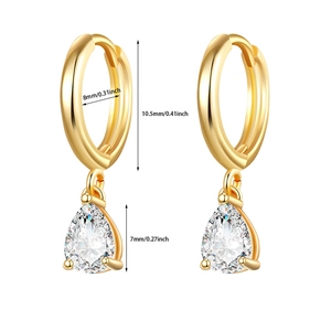 Sparkling zircon teardrop earrings in gold finish with precise sizing measurements