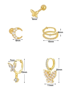 Detailed dimensions of gold butterfly and zircon earring set with pearl accents