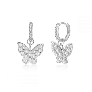 Detailed close-up of Ag 925 butterfly hoop earrings with white pearls and zircons