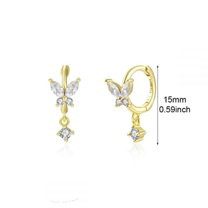 Detail view of gold butterfly earrings with zircon showing Ag 925 mark and 15mm size