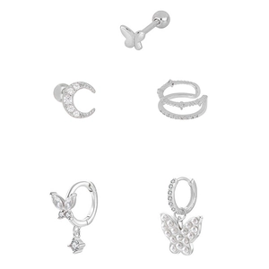 Luxury butterfly zirconia earring set with silver studs and pearl drop pendants