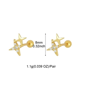 Golden double star earrings with pavé zircons and threaded ball backs for women
