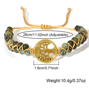 Handmade braided Tree of Life bracelet with turquoise beads and detailed size measurements