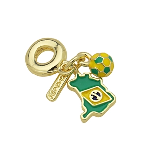 18K gold plated Brazil soccer charm featuring yellow and green enamel football and map