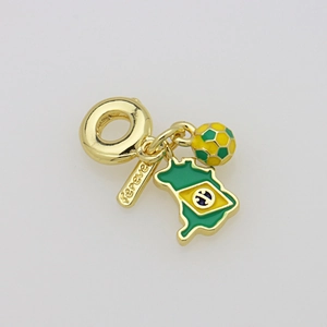 Detailed close-up of 18K gold plated Brazil football charm with enamel soccer ball and map